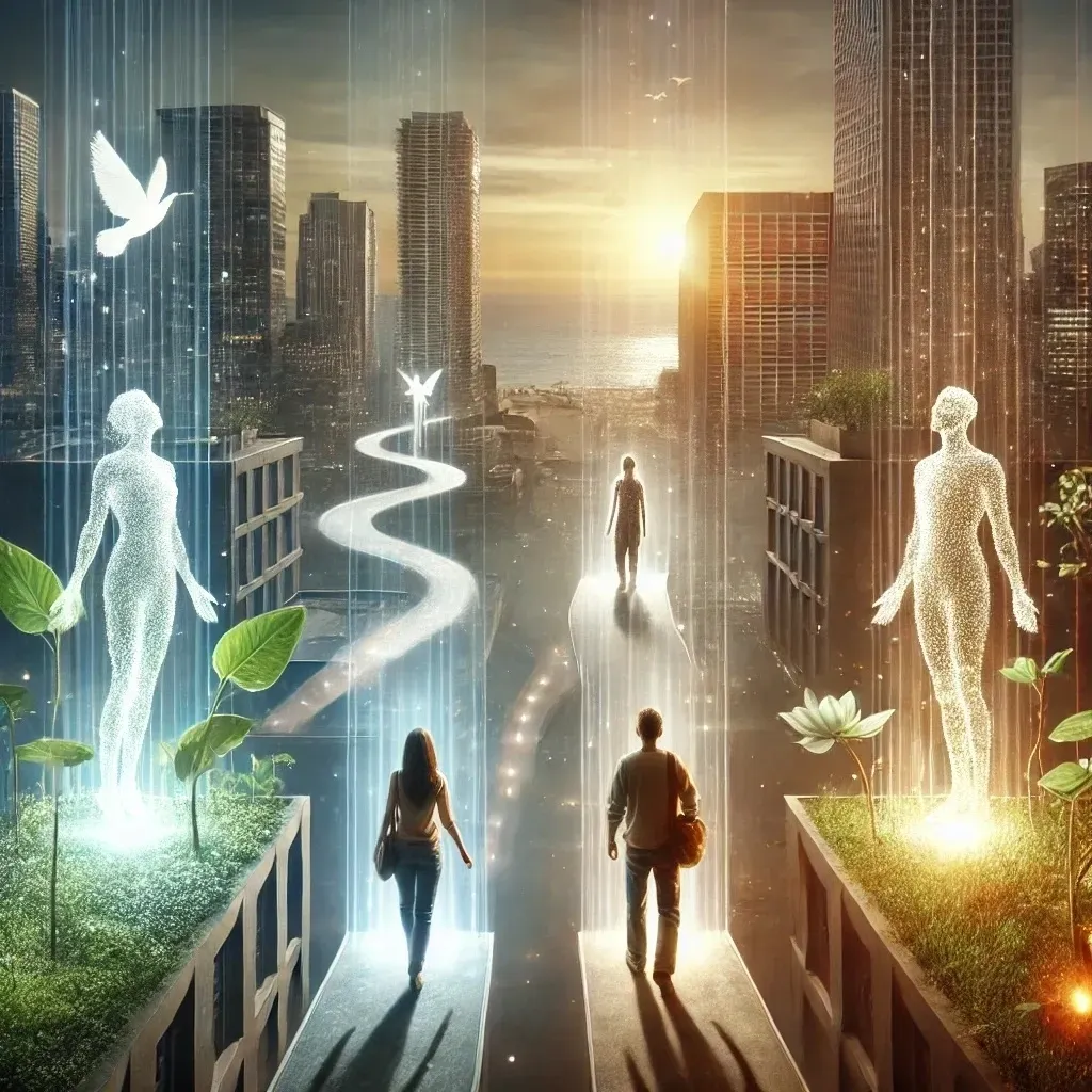 Futuristic cityscape with digital figures and pathways.