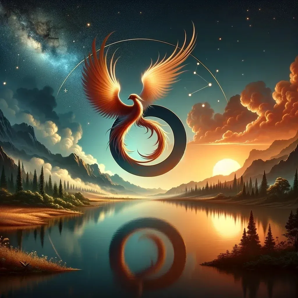 Surreal phoenix over lake at sunset.