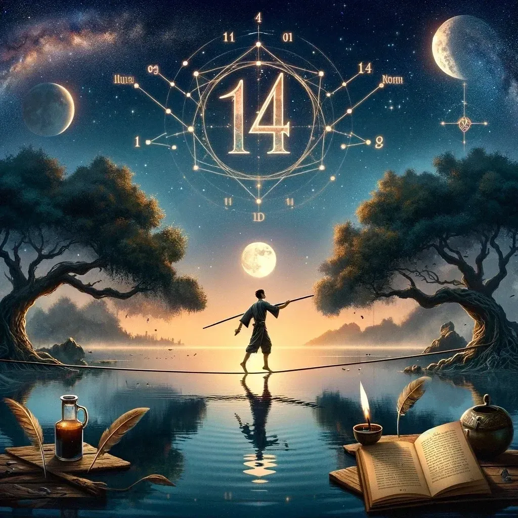Man balancing on water under celestial sky.