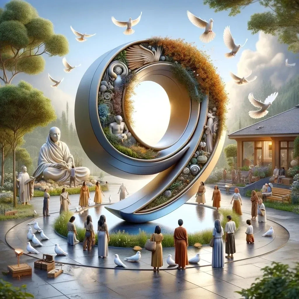 People gathered around large abstract sculpture outdoors.