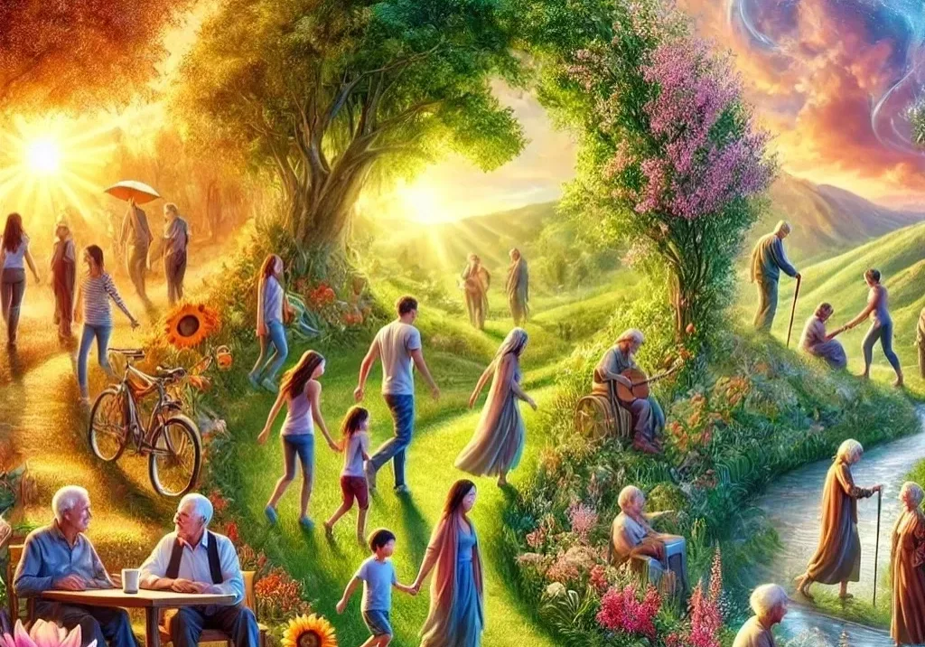 People journey through life stages, nature backdrop.