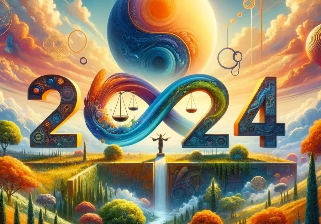 Surreal 2024 landscape with cosmic elements.