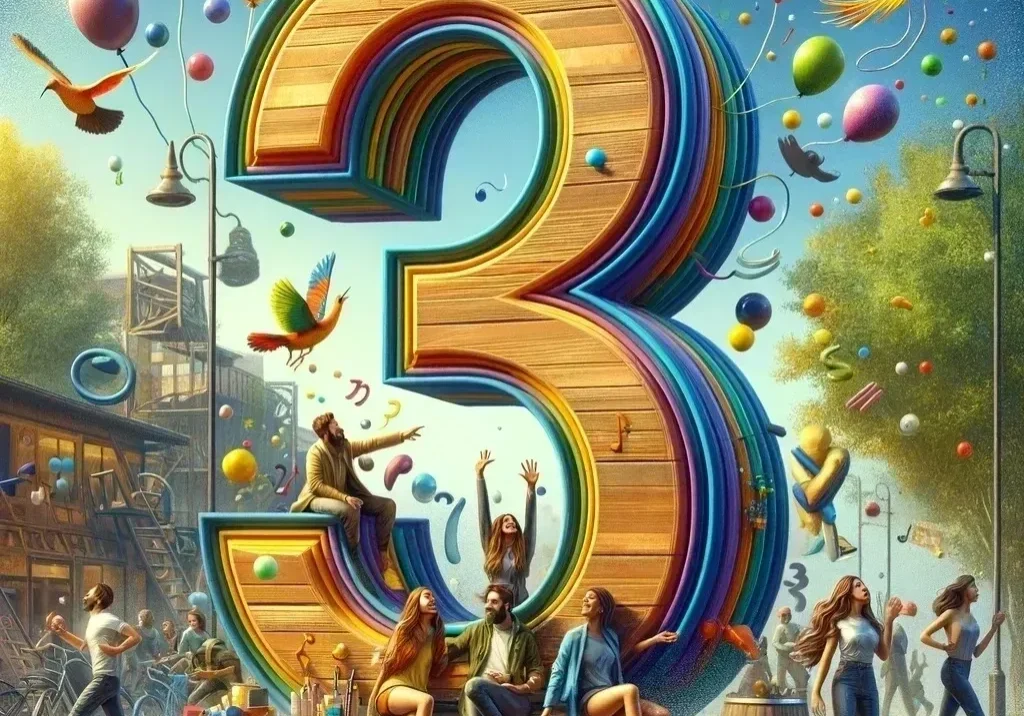 Colorful scene with giant number three.