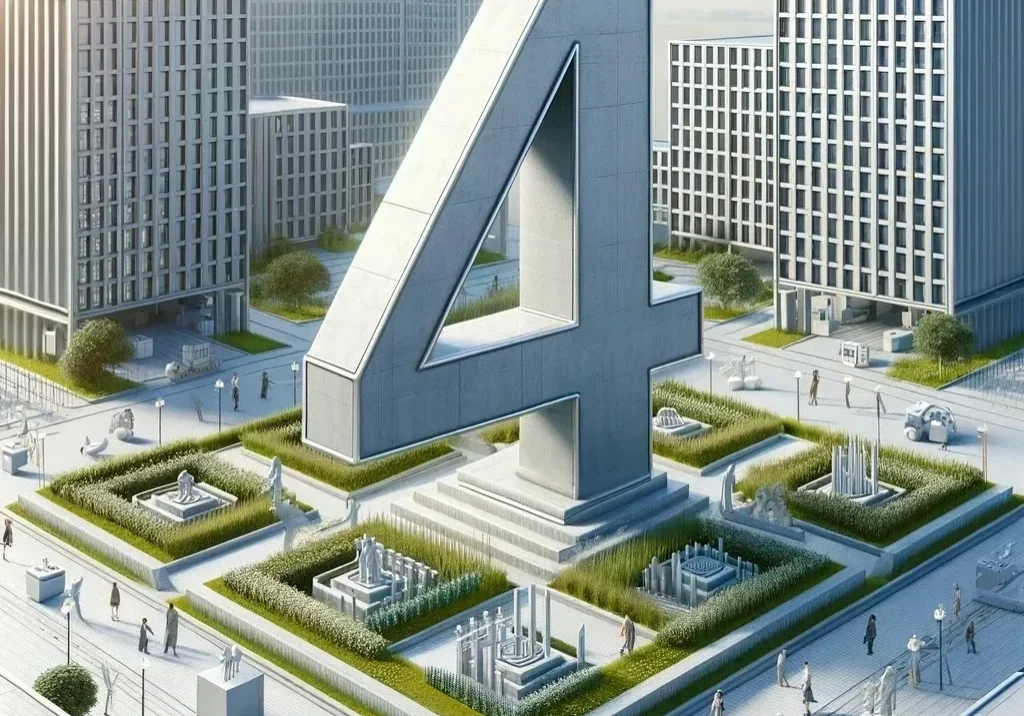 Giant number four sculpture in city plaza.