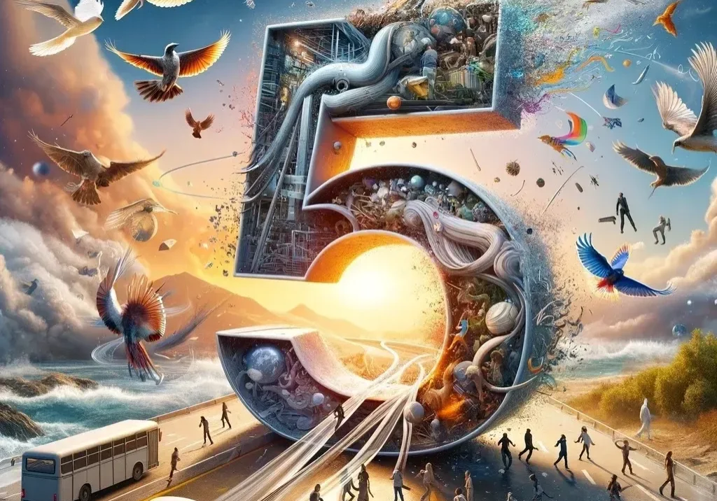 Surreal scene with number five and birds.