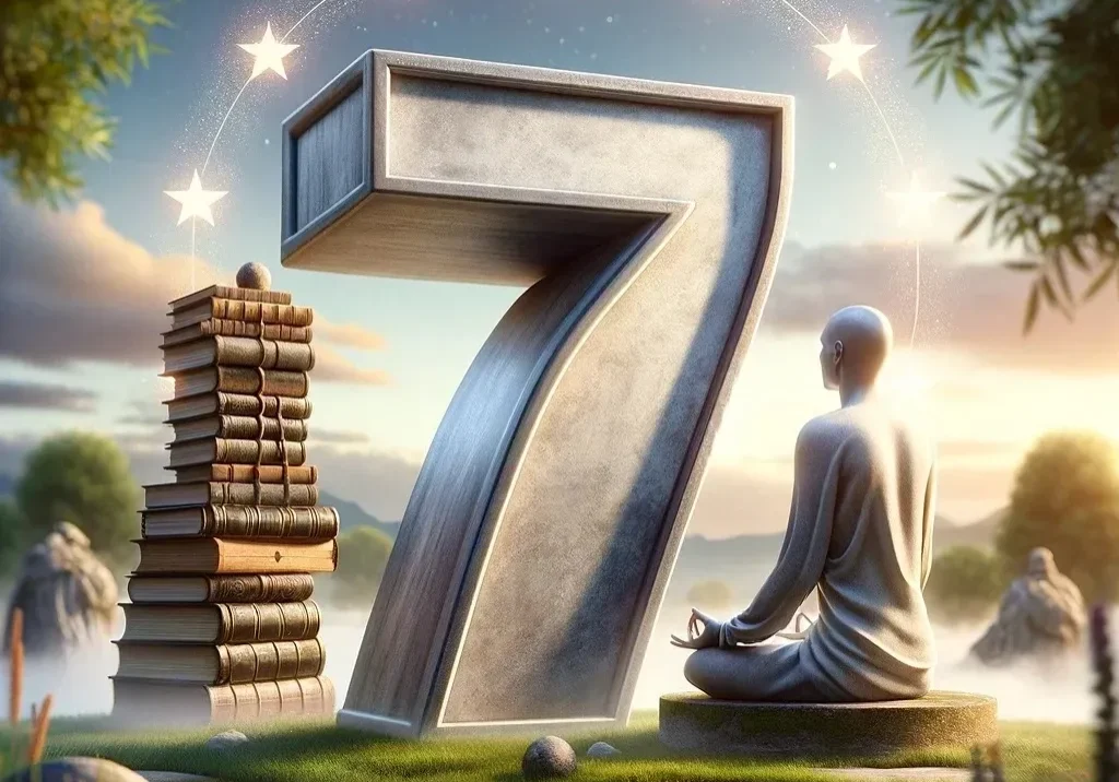 Number seven, books, meditating figure, serene landscape.