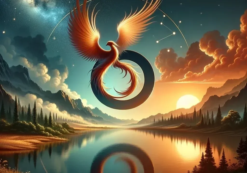 Phoenix rising over a serene sunset lake.