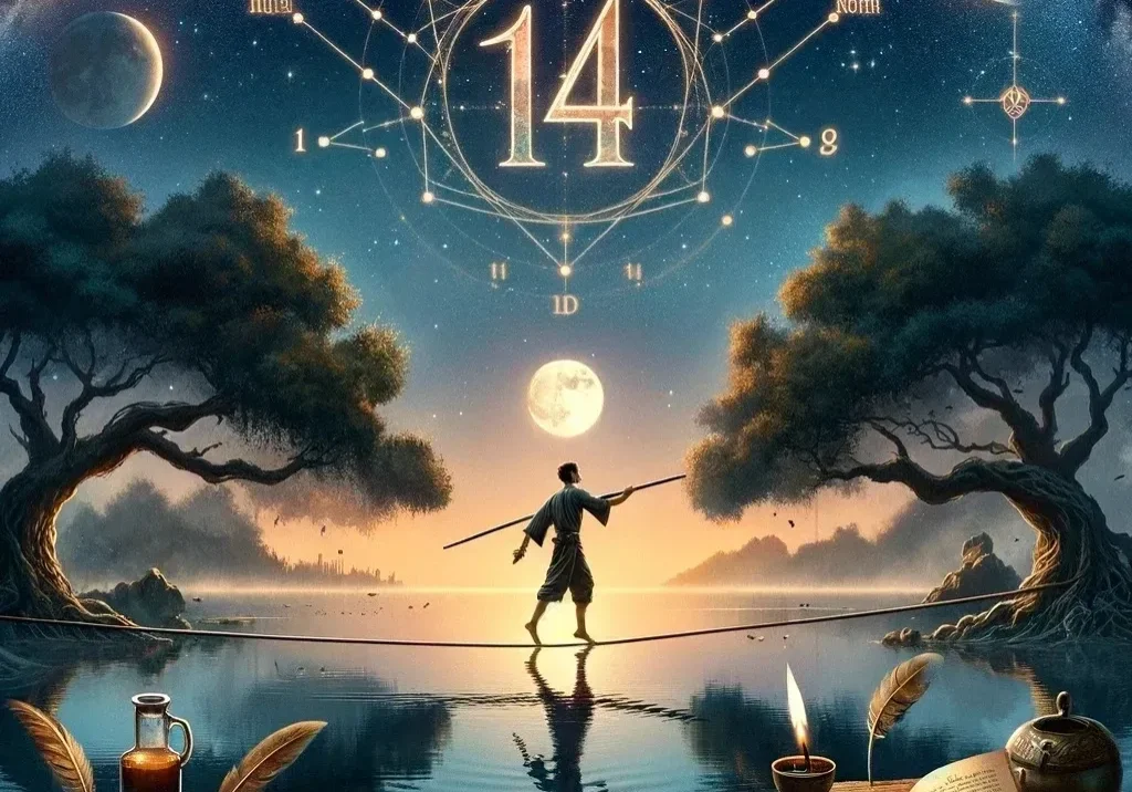 Man balancing on tightrope under cosmic sky.