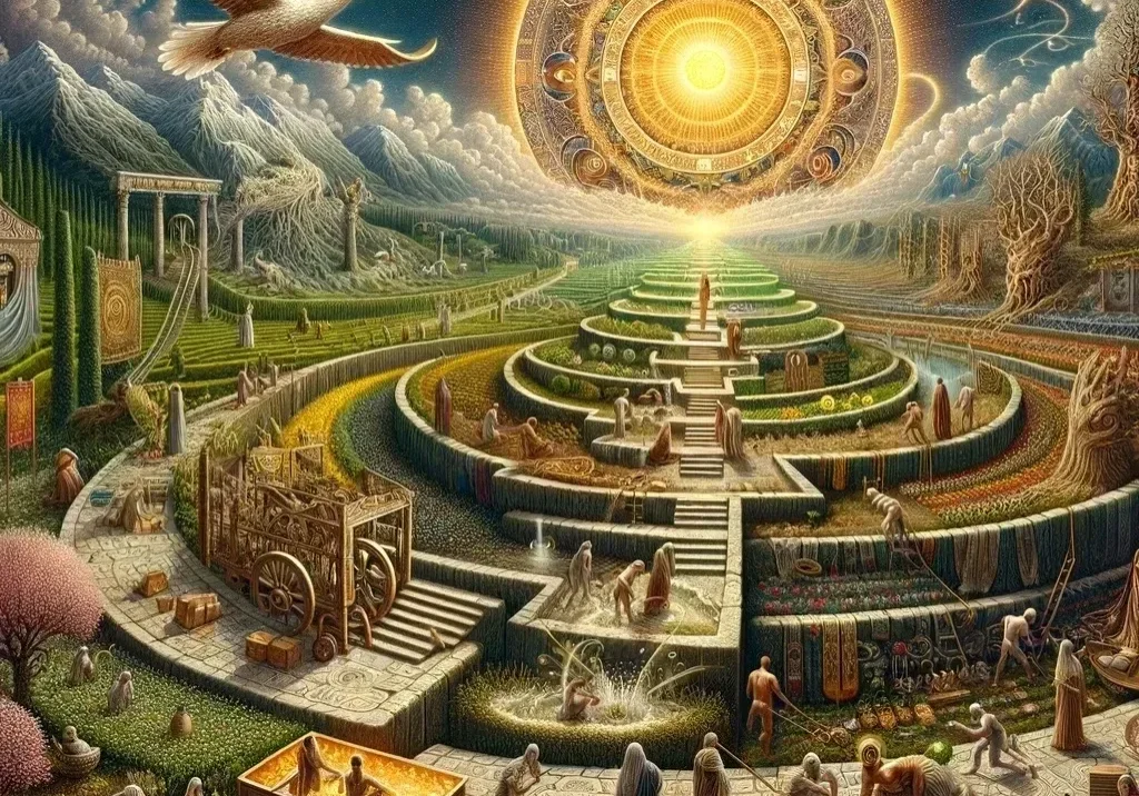 Surreal landscape with sun and flying birds.