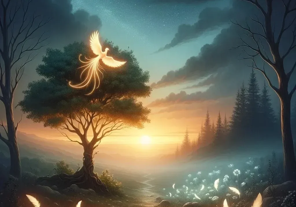 Enchanted forest with glowing bird and feathers.