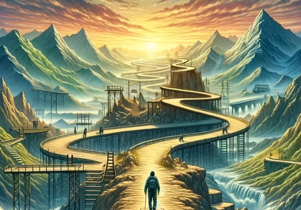 Person walking on surreal winding path.