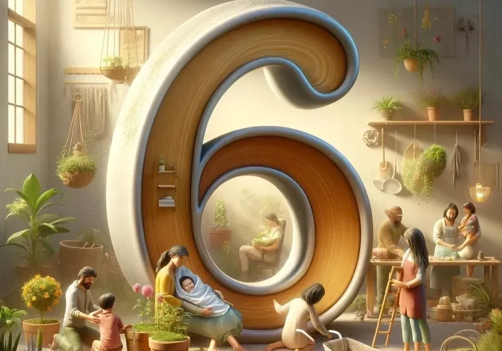 Number six with people and plants.