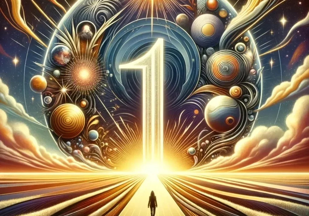 Surreal landscape with number one and figure.