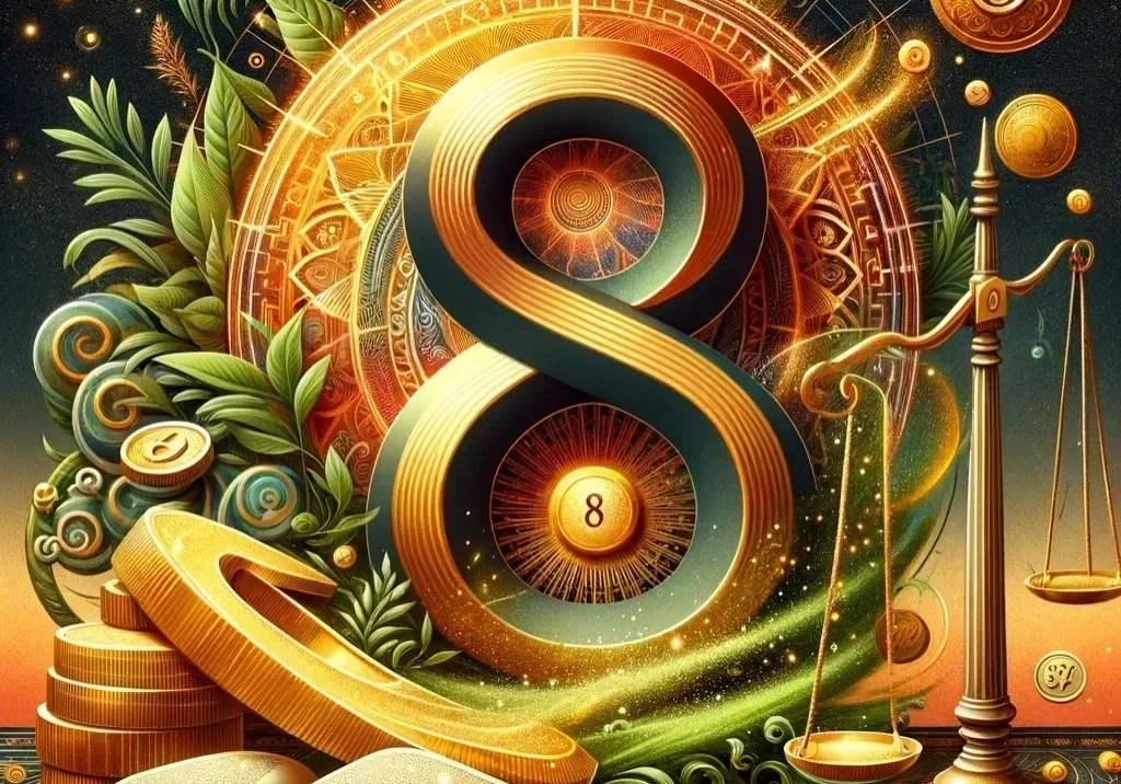 Golden number eight with scales and book.