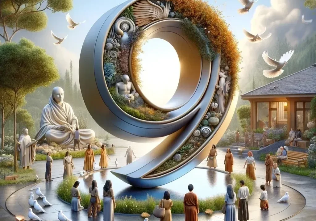 People gathered around large abstract sculpture outdoors.